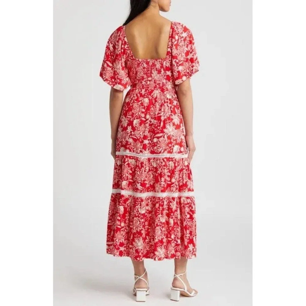NWT Adelyn Rae Red Floral Tiered Maxi Dress Sz L Tropical Resort Vacation Boho - Picture 2 of 13